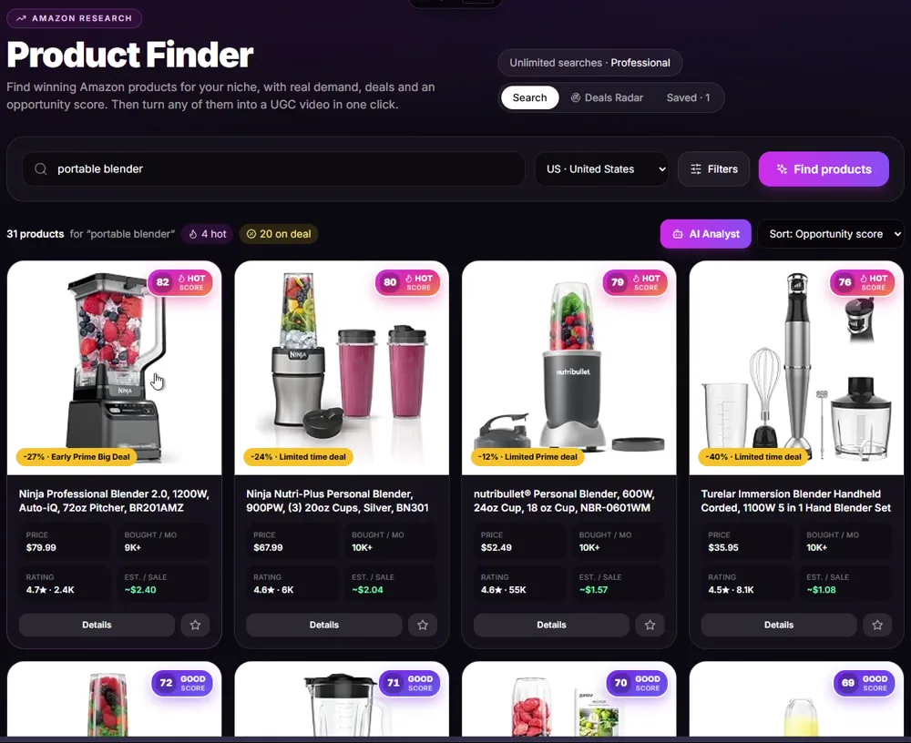 Product Finder results for portable blenders with opportunity scores